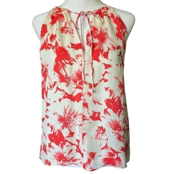 Parker Cream/Red Floral Abstract 100% Silk Lined Sleeveless Halter Blouse XS - Picture 1 of 6